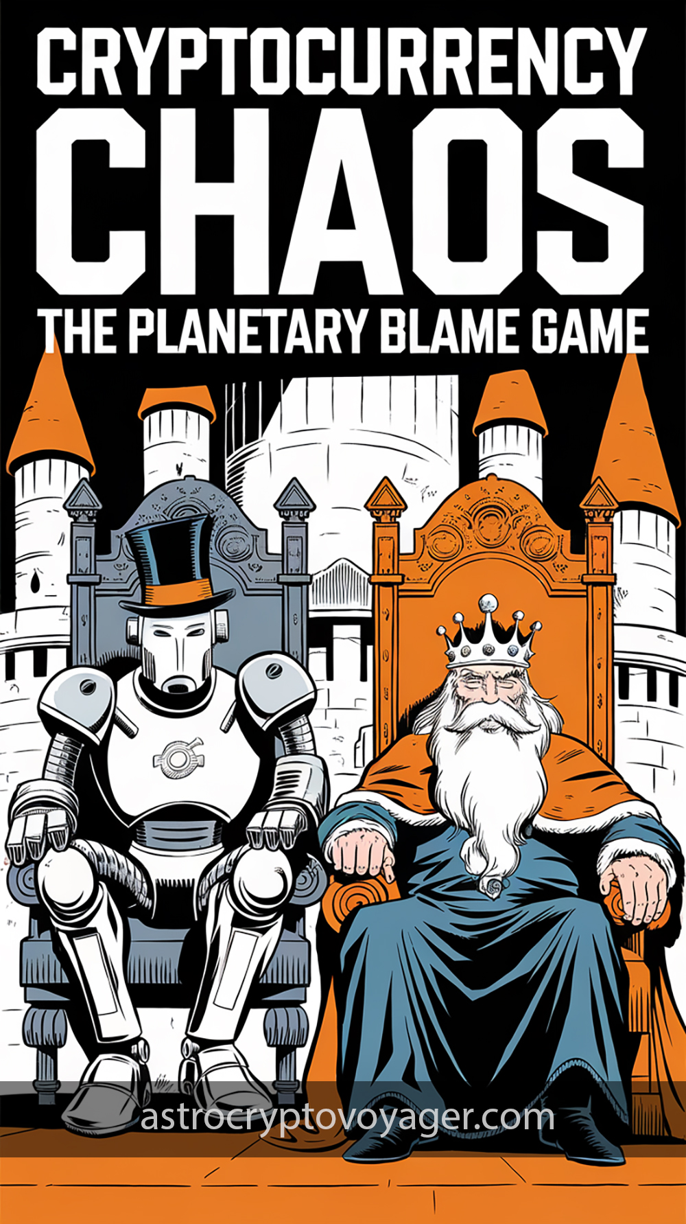 Comic book style, black and white with orange accents: Text on the image: "Cryptocurrency Chaos The Planetary Blame Game"